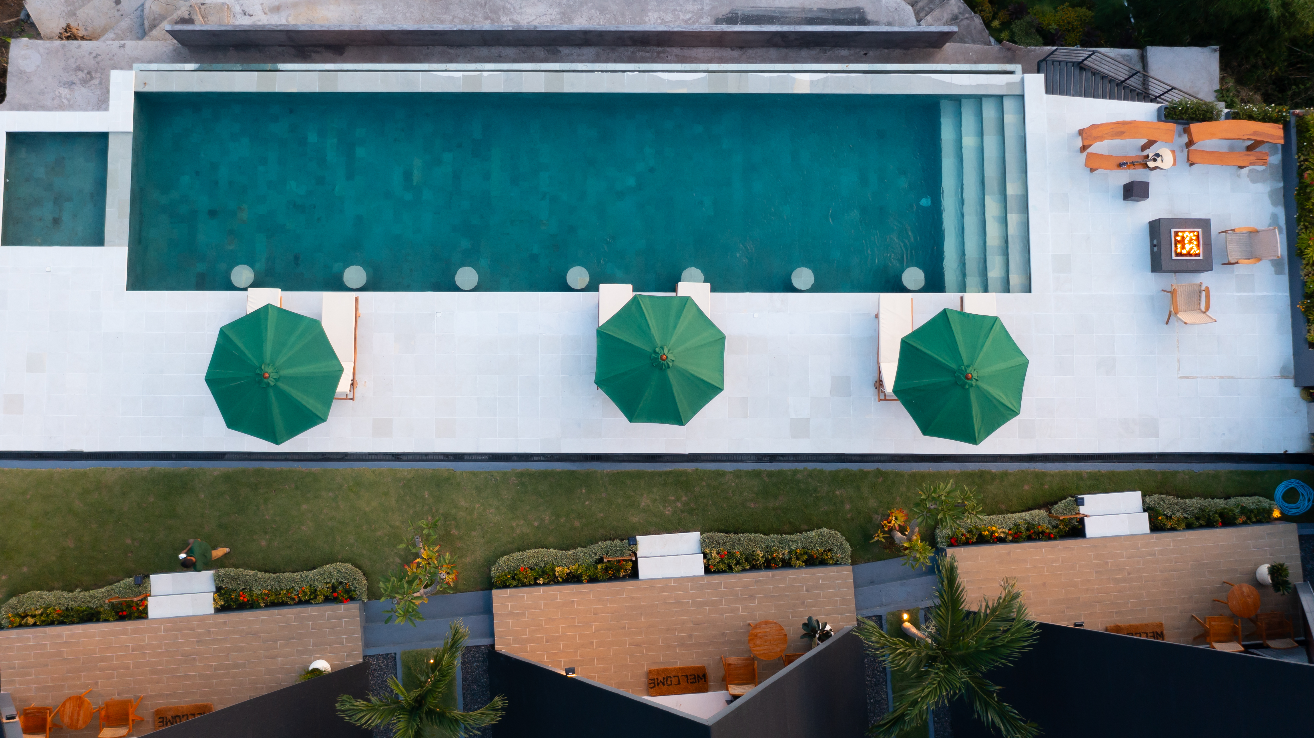 Private pool and terrace at dusk